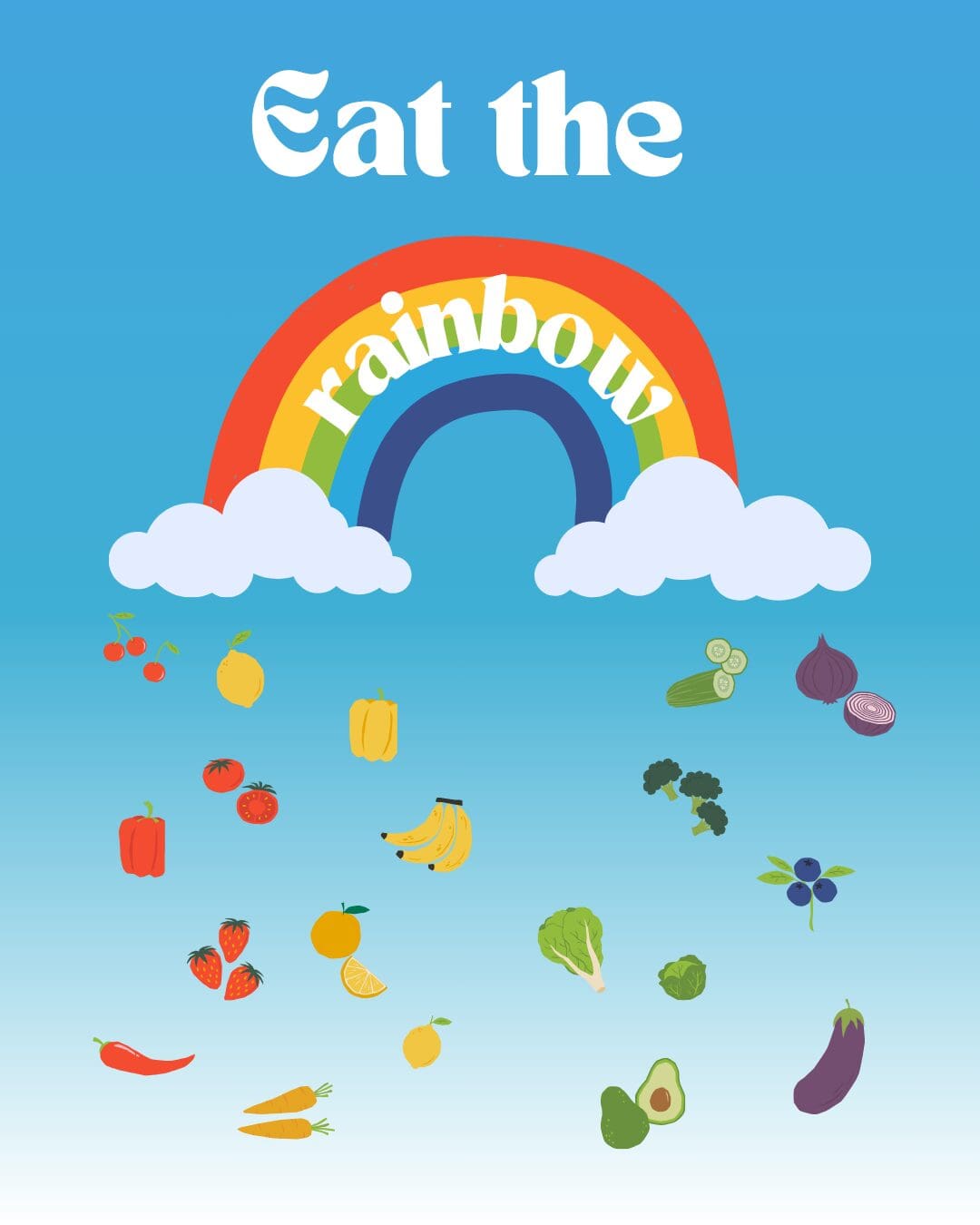 rainbow with fruits and vegetables falling from the clouds