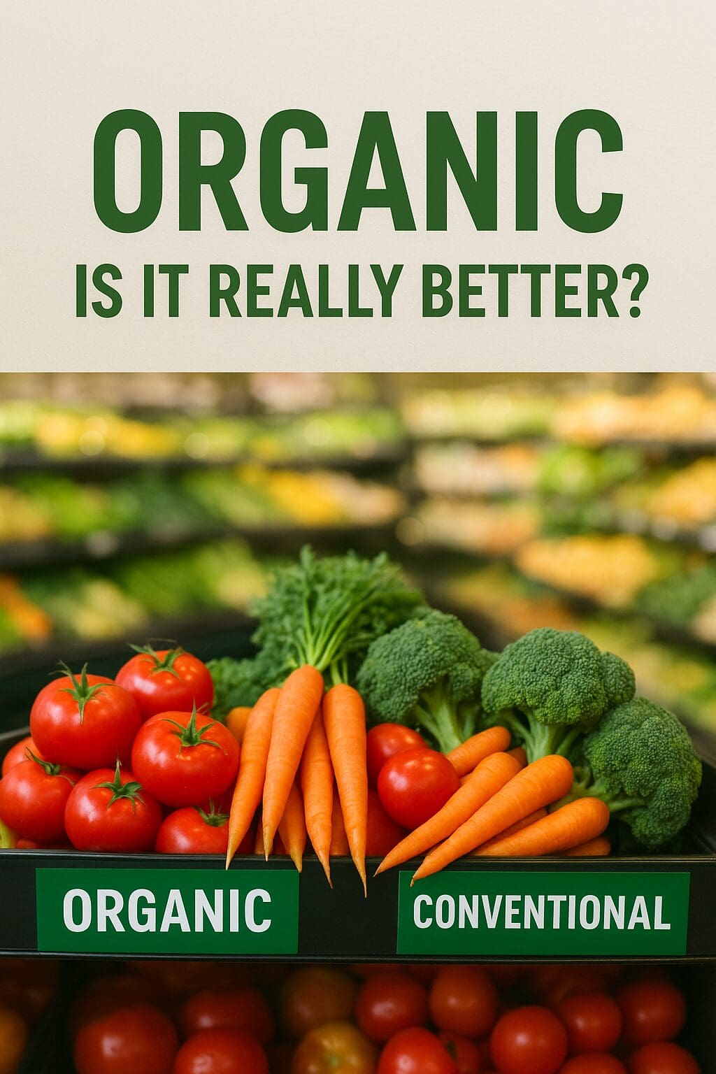graphic with Organic Is it really better in green font with a picture of a supermarket with tomatoes, carrots and broccoli